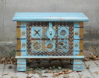 Wooden Brass Distress Finish Trunk Box Rustic Storage Chest Small Furniture Coffee Table Treasure Box
