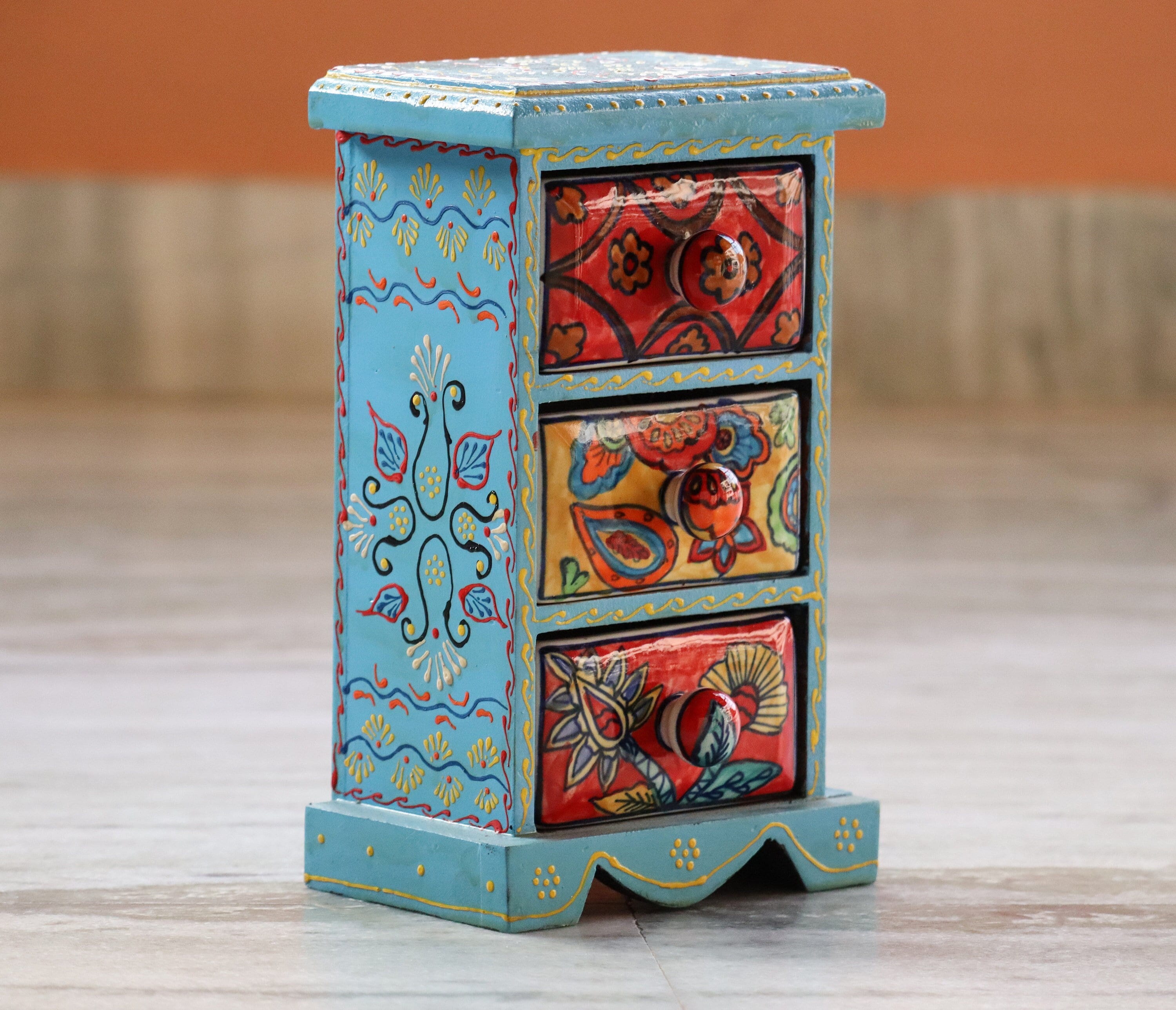 bois et céramique 3 commodes, organisateur de bureau, peint à la main, ethnique, style indien, couleur bleue, hauteur 9, 5 pouces
