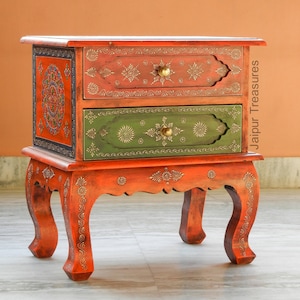 Wooden Handmade Hand Painted Colorful Indian Ethnic Bedside Table Storage Table Chest Of Drawer