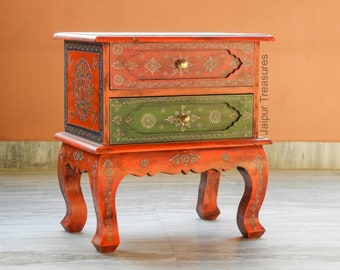Wooden Handmade Hand Painted Colorful Indian Ethnic Bedside Table Storage Table Chest Of Drawer