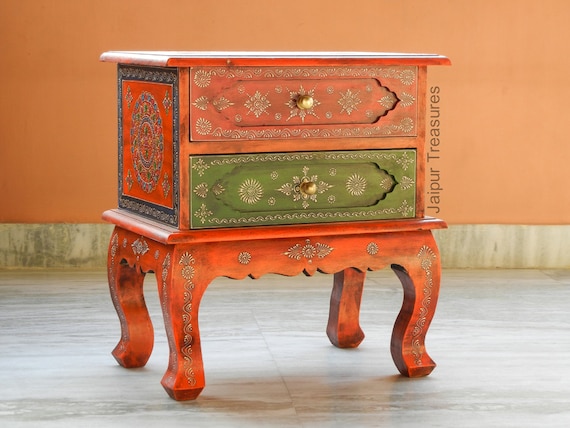 Holz Handgemalt Bunt Indische Ethno Nachttisch TischAufbewahrung Tisch Kommode