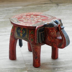 Wooden Elephant Stool, Side Table, End Table, Footstool, Ottoman, Pouffe, Bench chair, Indian Style, Handmade Hand Painted, Kids Stool image 1
