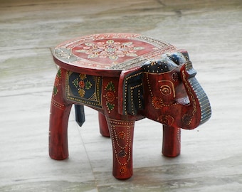 Wooden Elephant Stool, Side Table, End Table, Footstool, Ottoman, Pouffe, Bench chair, Indian Style, Handmade Hand Painted, Kids Stool