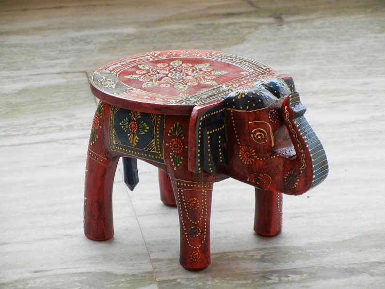 Wooden Elephant Stool, Side Table, End Table, Footstool, Ottoman, Pouffe, Bench chair, Indian Style, Handmade Hand Painted, Kids Stool image 1