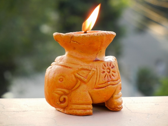 Clay Diya Pot Elephant Diya Clay Oil Lamp Indian Diya Wick
