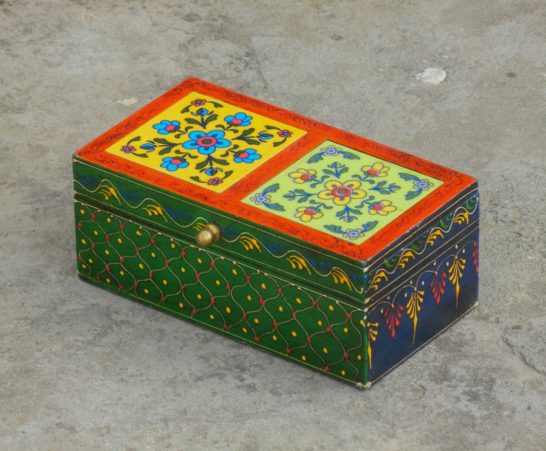 Wooden & Ceramic Box, Trinket Box, Jewelry Organizer, Desk Organizer, Indian Ethnic Style, Handmade image 5