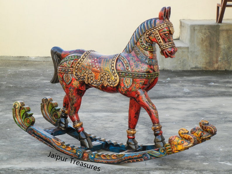Wooden Rocking Horse Statue Painted Horse Figure Showpiece Etsy