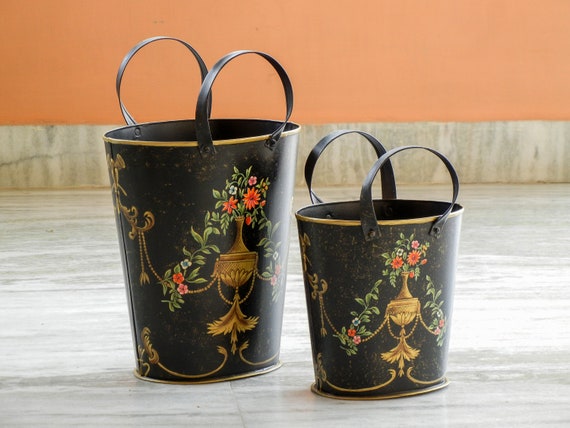 Blue Floral Rajasthani Metal Bin / Planter Blue Floral Rajasthani Metal Bin / Planter