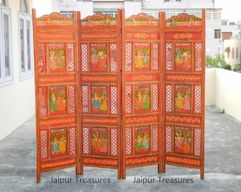 Wooden Indian Painted Screen, Room Divider, Partition Panel, Ethnic Traditional Indian Style, Handmade Hand-Painted