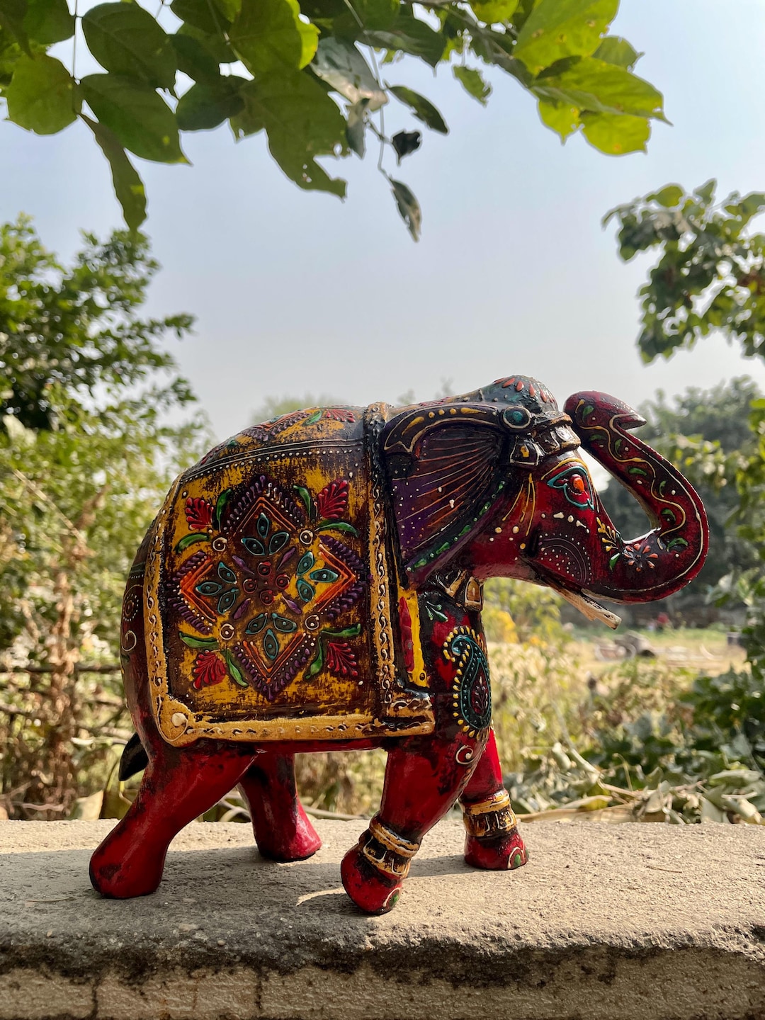 Wooden Elephant Statue 8 Inch Hand Painted Traditional Indian Home ...