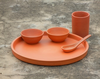 Terracotta Earthen Clay Mitti Dinner Set, Earthenware Kitchen Utensils, Thali, Food Plate, Plate, Glass, Spoon, Bowl