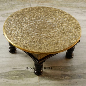 Wooden & Brass Round Chowki Indian Bajot Low Table Ottoman Footstool Bed Table Decorative Furniture