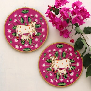 Hand-Painted Wooden Wall Plates – Indian Pichwai Style Art – Set of 2 – Ethnic Wall Hanging – Traditional Home Decor – Boho Wall Plates