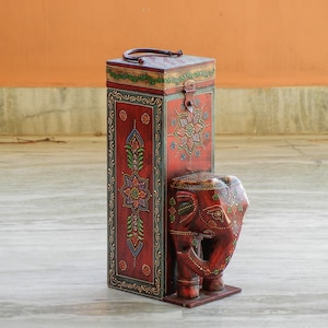 Wooden Elephant Wine Bottle Holder Handmade Barware Stand Traditional Indian Style Decor