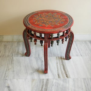Wooden Round Coffee Table Indian Painted Side Table End Table Bedside Accent Table Boho Decor
