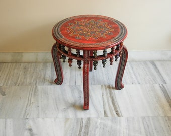 Wooden Round Coffee Table, Indian Side Table, End Table, Bedside, Painted Table, Indian Style