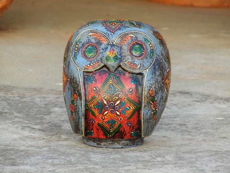 Wooden Painted Owl Statue, Money Bank, Figurine, Showpiece, Home Decor, Handmade Hand Painted, Traditional Indian Style, Height 6 Inches image 2