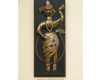 Wooden And Metal Lord Krishna Wall Hanging, Wall Decor, Traditional Indian Style, Handmade Hand Painted