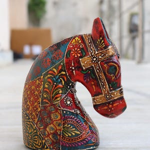 Hand Painted Wooden Horse Head Figurine Red Decorative Sculpture Indian Art Collectible Boho Ethnic Home Decor Accent Statue