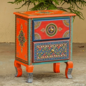 Wooden Bedside 2 Drawer Chest, Nightstand, Table Storage, Chest Of Drawer, Handmade Hand-Painted, Indian Ethnic Style, Orange Color