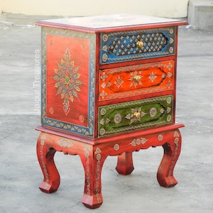 Wooden Bedside, Indian Nightstand, Painted Night Table, 3 Chest Of Drawers, Indian Style, Drawer Chest, Handmade Hand Painted