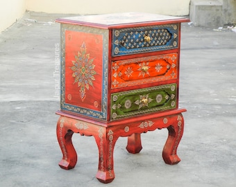 Wooden Bedside, Indian Nightstand, Painted Night Table, 3 Chest Of Drawers, Indian Style, Drawer Chest, Handmade Hand Painted
