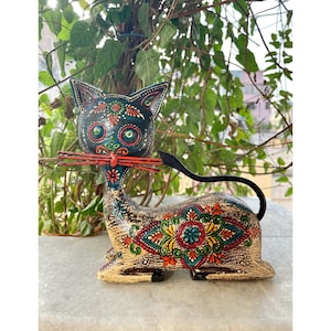 Wooden & Metal Sitting Cat Statue, Figure, Showpiece, Ethnic Indian Style, Handmade Hand Painted, Figurine