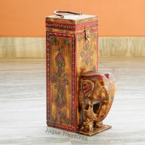 Wooden Elephant Wine Bottle Holder - Handmade Hand-Painted Barware, Traditional Indian Style Bottle Stand