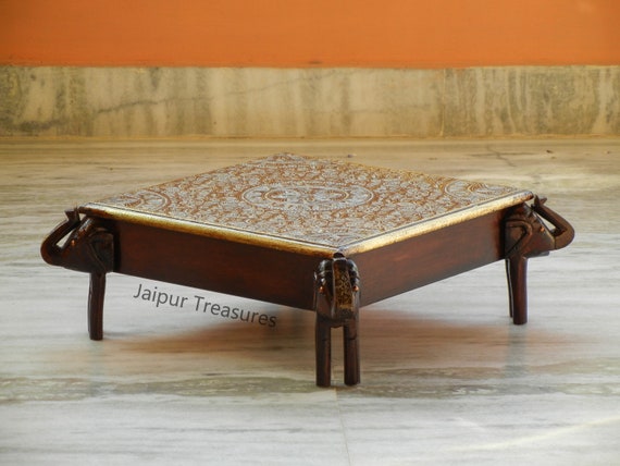 Wooden Brass Elephant Indian Chowki Low Table Bajot Footstool