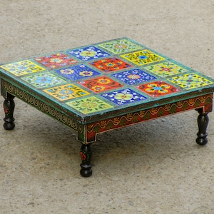 Wooden And Ceramic Tile Indian Chowki Bajot – Low Stool, Footstool, Bed Table, Coffee, Indian Table Stool