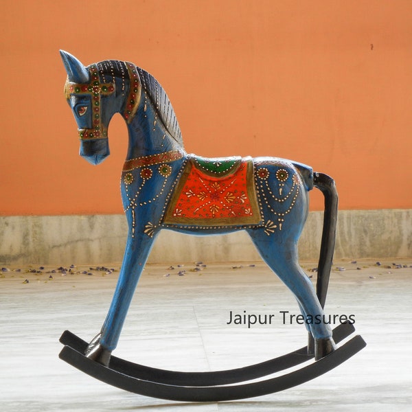 Wooden Rocking Horse Statue, Figure, Showpiece, Ethnic Indian Style, Handmade Hand-Painted, Figurine