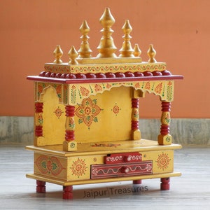 Wooden Golden Home Temple, Mandir, Pooja Ghar, Mandapam for Worship, Handmade Hand Painted, Traditional Indian Style, Height 20 Inches