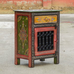 Wooden Bedside Table, Cabinet, Nightstand, Side Table, Indian Ethnic Style, Storage Table, Bedroom Furniture, Handmade Hand-Painted