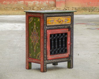 Wooden Bedside Table, Cabinet, Nightstand, Side Table, Indian Ethnic Style, Storage Table, Bedroom Furniture, Handmade Hand-Painted