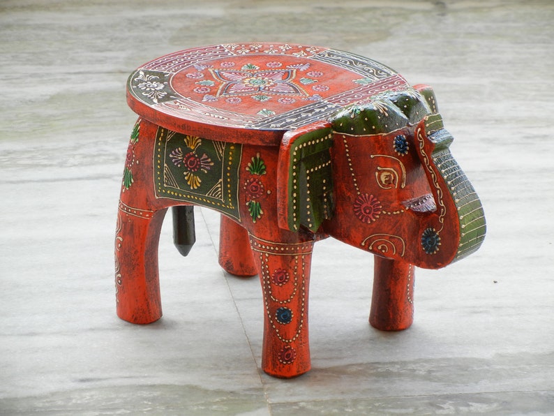 Wooden Elephant Stool, Side Table, End Table, Footstool, Ottoman, Pouffe, Bench chair, Indian Style, Handmade Hand Painted, Kids Stool image 4