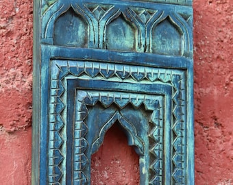 Handcrafted Wooden Blue Distress Jharokha Style Classic Wall Frame, Rustic Indian Wall Accent, Vintage Ethnic Home Decor Art Piece