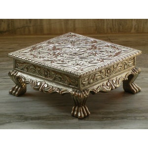 Wooden & White Metal Indian Chowki Bajot - Handmade Footstool, Bed Table, Coffee Table, Rustic Decor