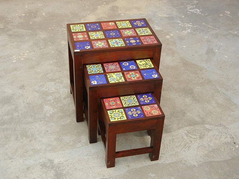 Wooden & Ceramic Nesting Stool, Side Table, End Table, Contemporary Indian Style, Set Of 3 image 1