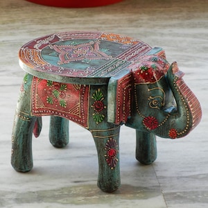 Wooden Elephant Stool, Side Table, End Table, Footstool, Ottoman, Pouffe, Bench chair, Indian Style, Handmade Hand Painted, Kids Stool image 8