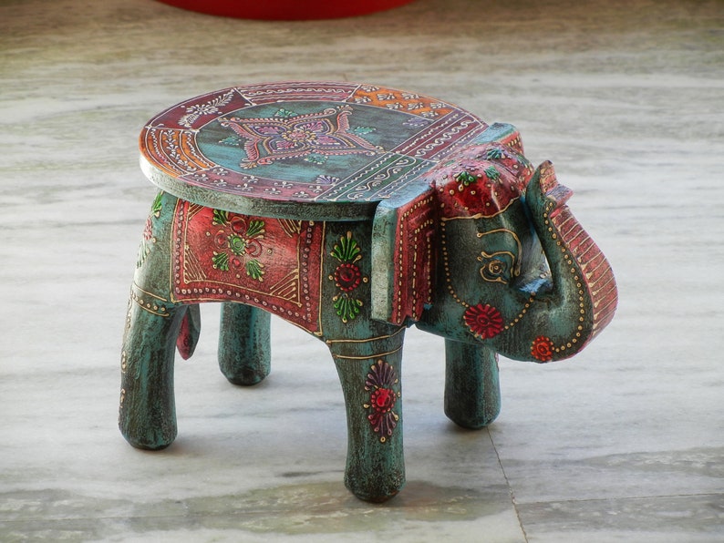 Wooden Elephant Stool, Side Table, End Table, Footstool, Ottoman, Pouffe, Bench chair, Indian Style, Handmade Hand Painted, Kids Stool image 8