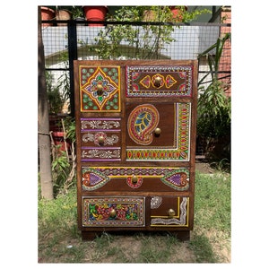 Wooden Bedside Table, 7 Drawer Chest, Storage Table, Chest Of Drawer, Handmade Hand-Painted, Indian Ethnic Style