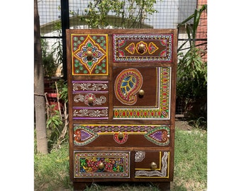 Wooden Bedside Table, 7 Drawer Chest, Storage Table, Chest Of Drawer, Handmade Hand-Painted, Indian Ethnic Style