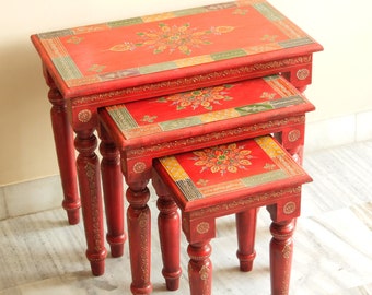 Wooden Nesting Table, Side Table, End Table, Painted Stool, Bedside Table, Indian Style, Handmade Hand Painted - Set Of 3