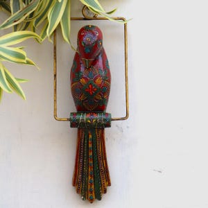 Handmade Red Wooden Parrot Wall Hanging, Indian Style Hand Painted Wall Decor, Unique Home Decoration