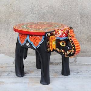 Handcrafted Wooden Elephant Stool – Embossed & Hand-Painted Indian Decor – Folk Art Table Accent – Unique Boho Home Furniture
