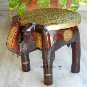 Tabouret éléphant miniature en bois et laiton Repose-pieds ottoman décoratif Pouf de style indien pour table d&#39;appoint