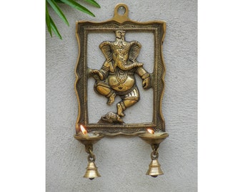 Brass Ganesha Bell Wall Hanging with Diya Stand - Handmade Indian Ethnic Decor, Ganesha Statue for Housewarming Gifts