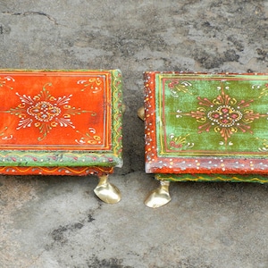 Wooden Indian Miniature Chowki, Bajot, Table, Bed Table, Handmade Hand Painted, Rangoli Design - Set Of 2