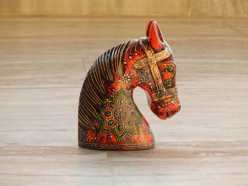 Wooden Colorful Horse Head, Statue, Figure, Showpiece, Home Decor, Handmade Hand Painted, Traditional Indian Style, Height 6 Inches image 1