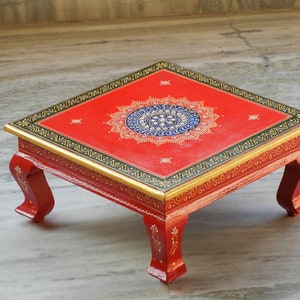 Wooden Handmade Hand Painted Colorful Rangoli Design Indian Chowki, Bajot, Footstool, Table, Bed Table, Coffee Table image 3